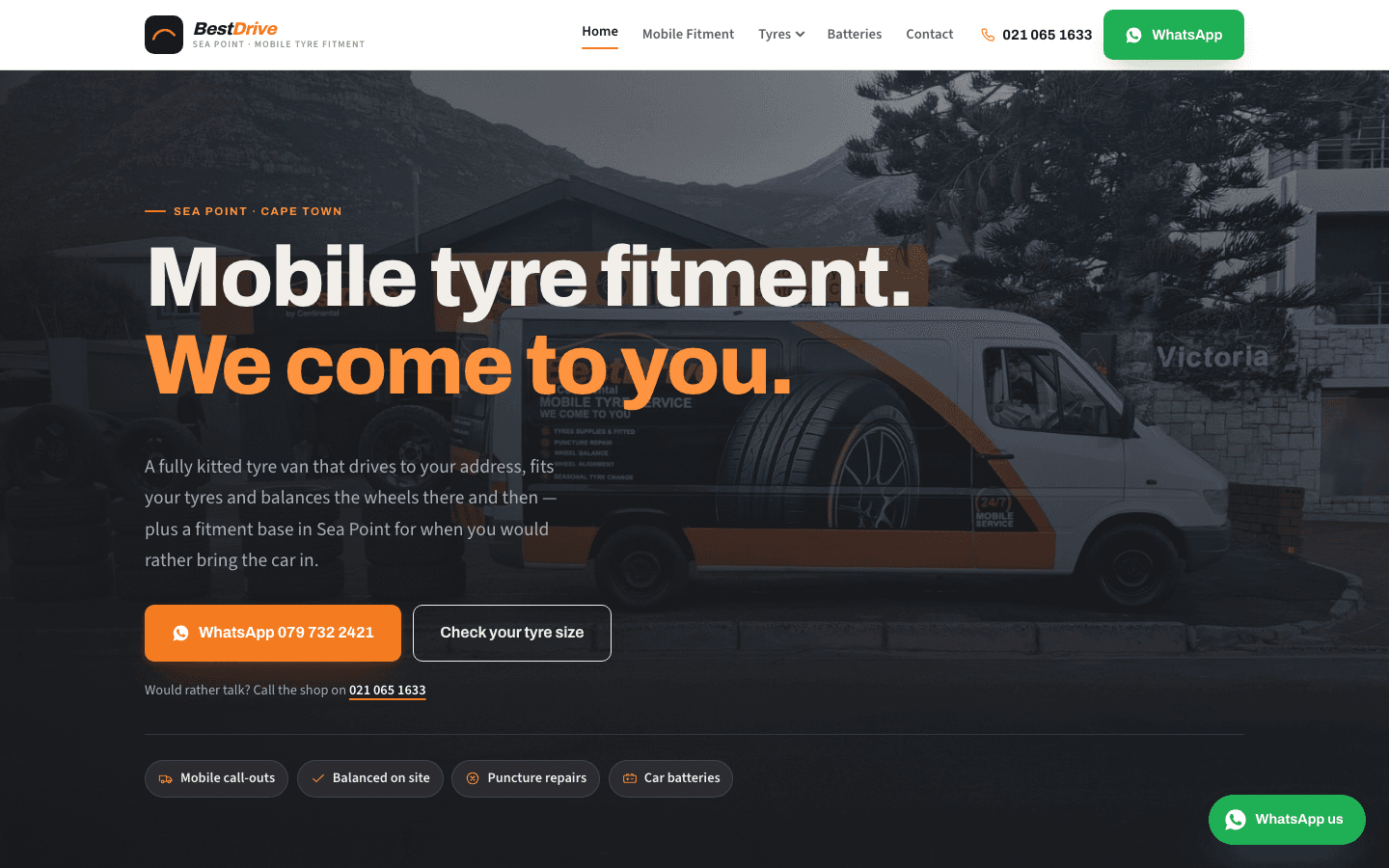 Homepage of the BestDrive Sea Point website built by AnswerLoop — Mobile tyre fitment in Sea Point, Cape Town