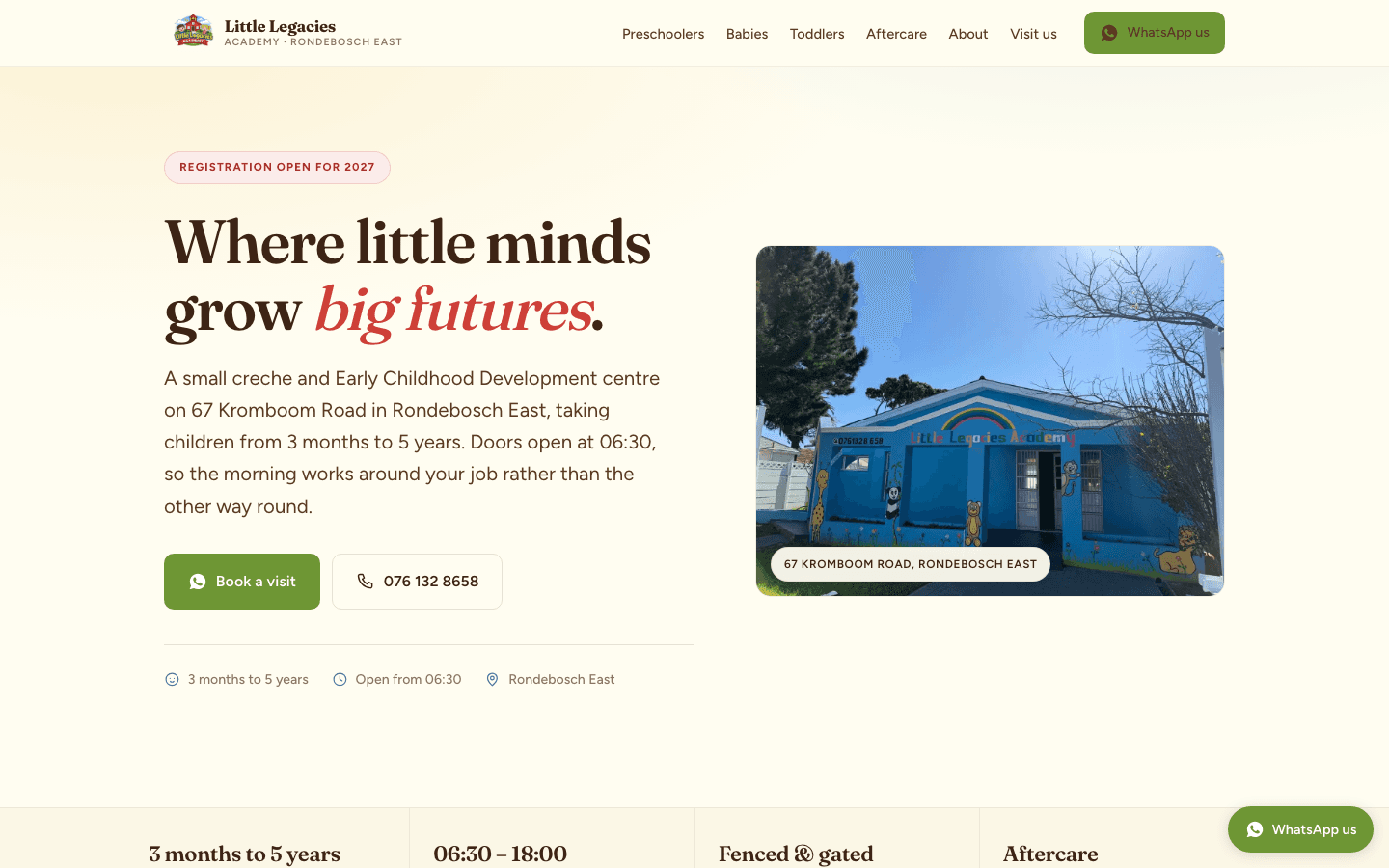 Preschool website example — Little Legacies Academy homepage