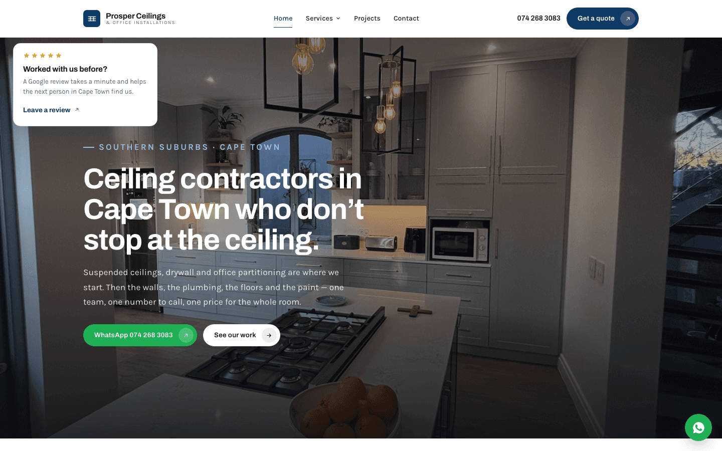 Building contractor website example — Prosper Ceilings homepage