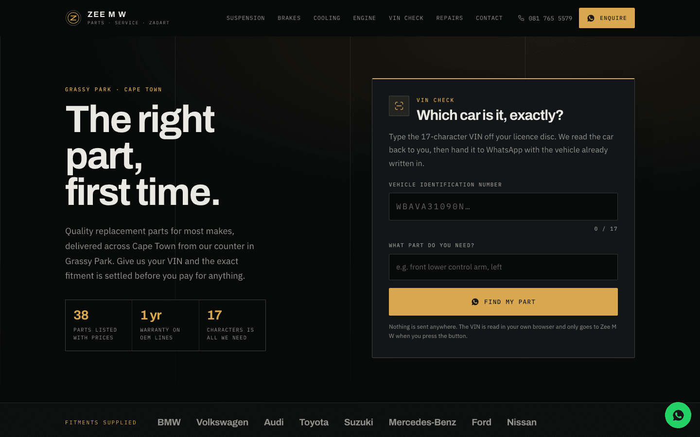 Homepage of the Zee M W Zadart website built by AnswerLoop — Auto parts & repairs in Grassy Park, Cape Town