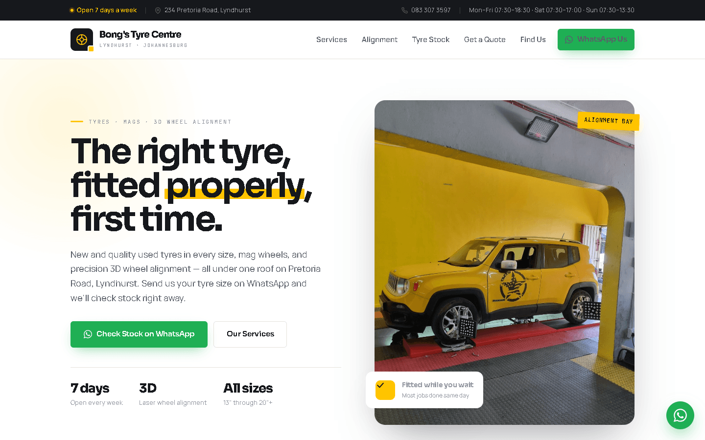 Homepage of the Bong's Tyre Centre website built by AnswerLoop — Tyres & Fitment in Lyndhurst, Johannesburg