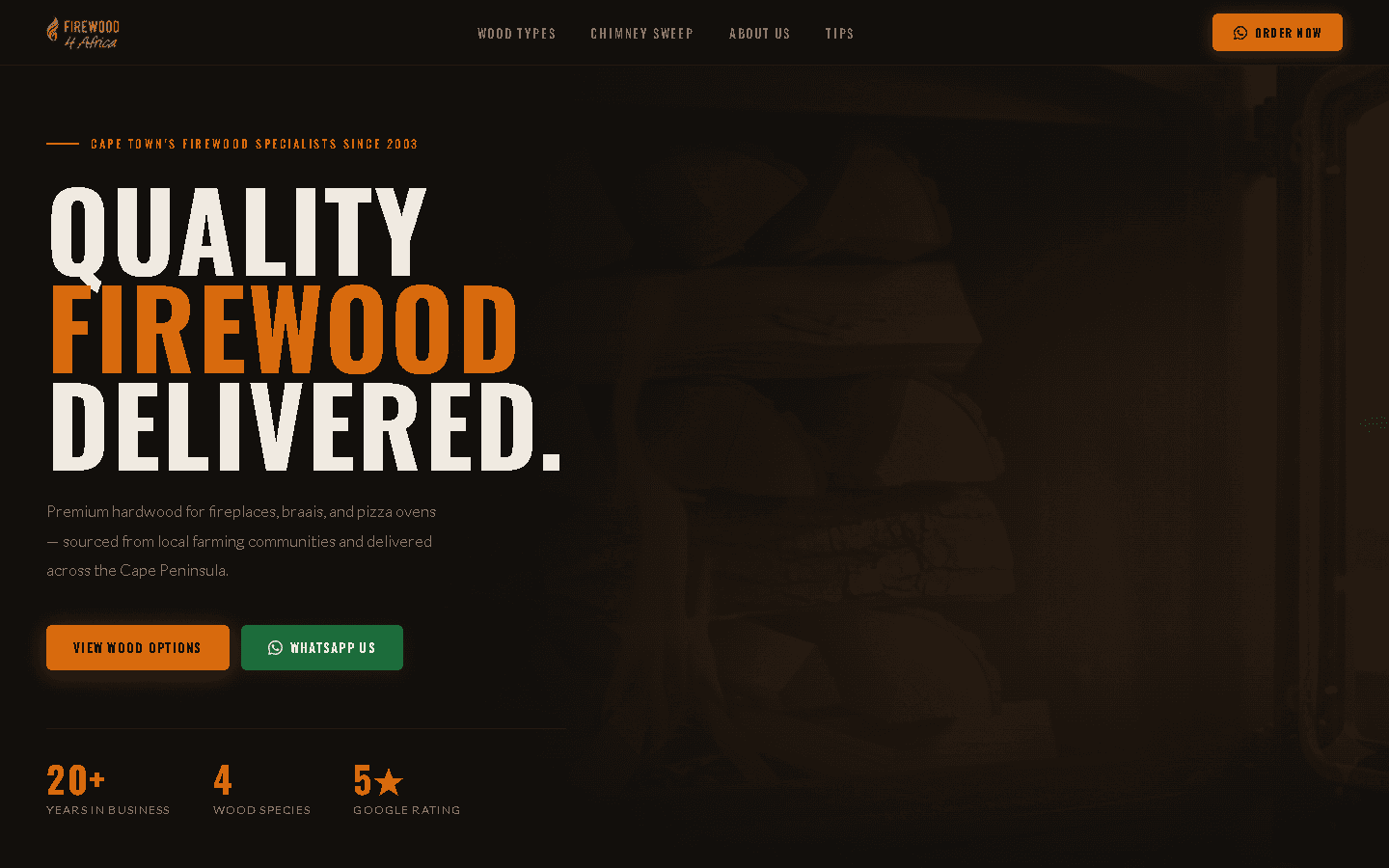 Homepage of the Firewood 4 Africa website built by AnswerLoop — Retail & Delivery in Cape Town